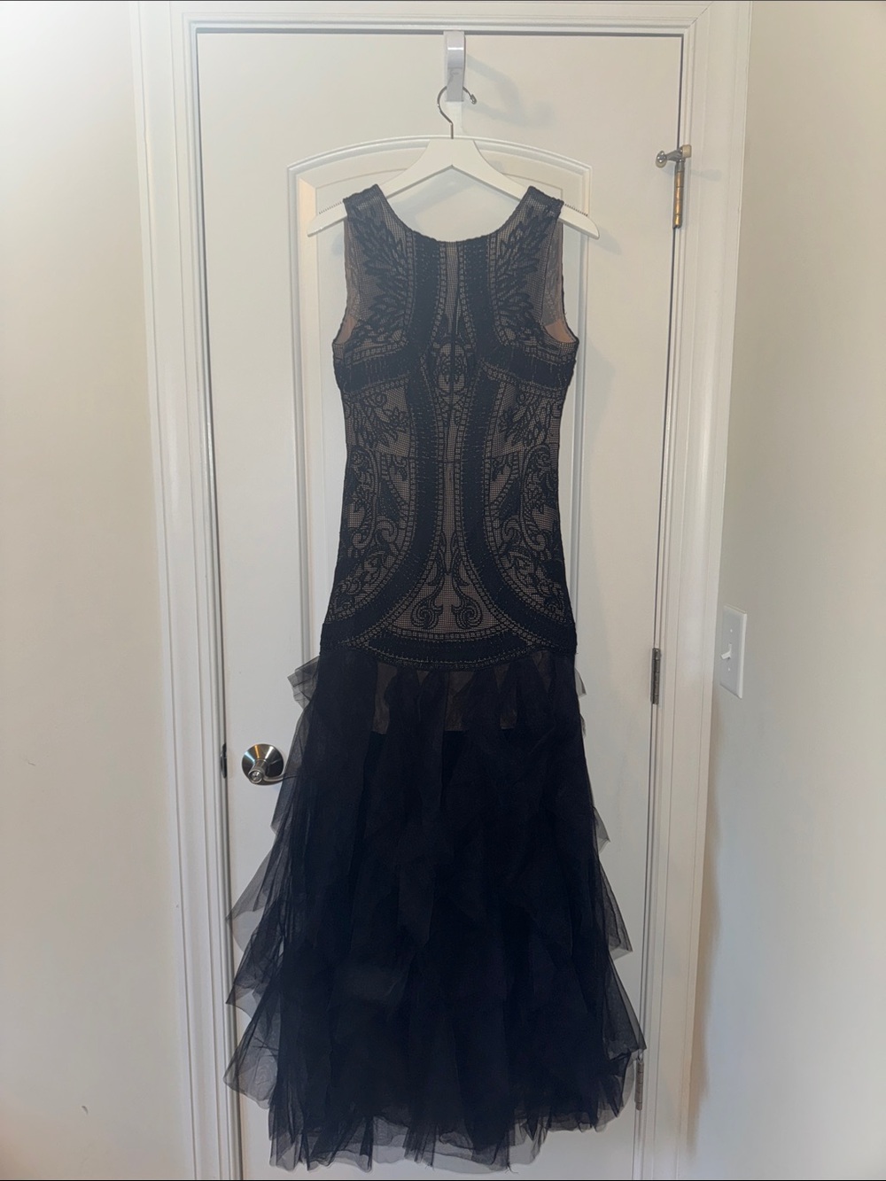 BCBGMaxAzria Black Lace Embellished Tulle Mermaid Gown